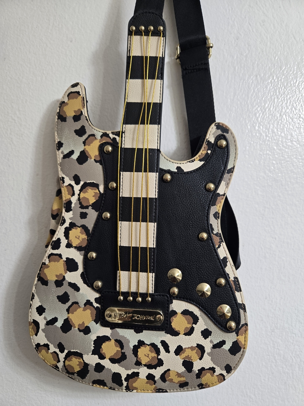 Betsey Johnson Leopard Print Guitar Crossbody in Black, Tan and Cream